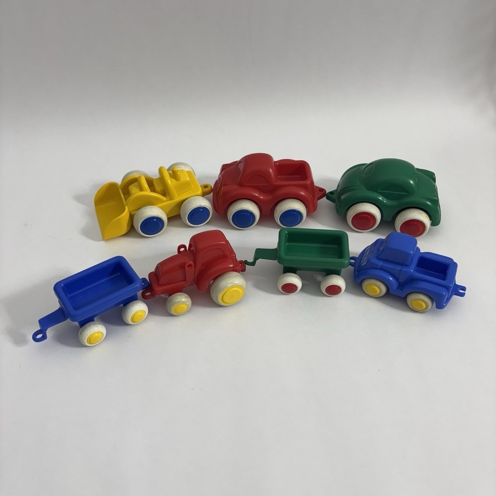 7 Vintage Viking Toys Plastic Cars Truck Bulldozer Tractor Sweden Chubbies
